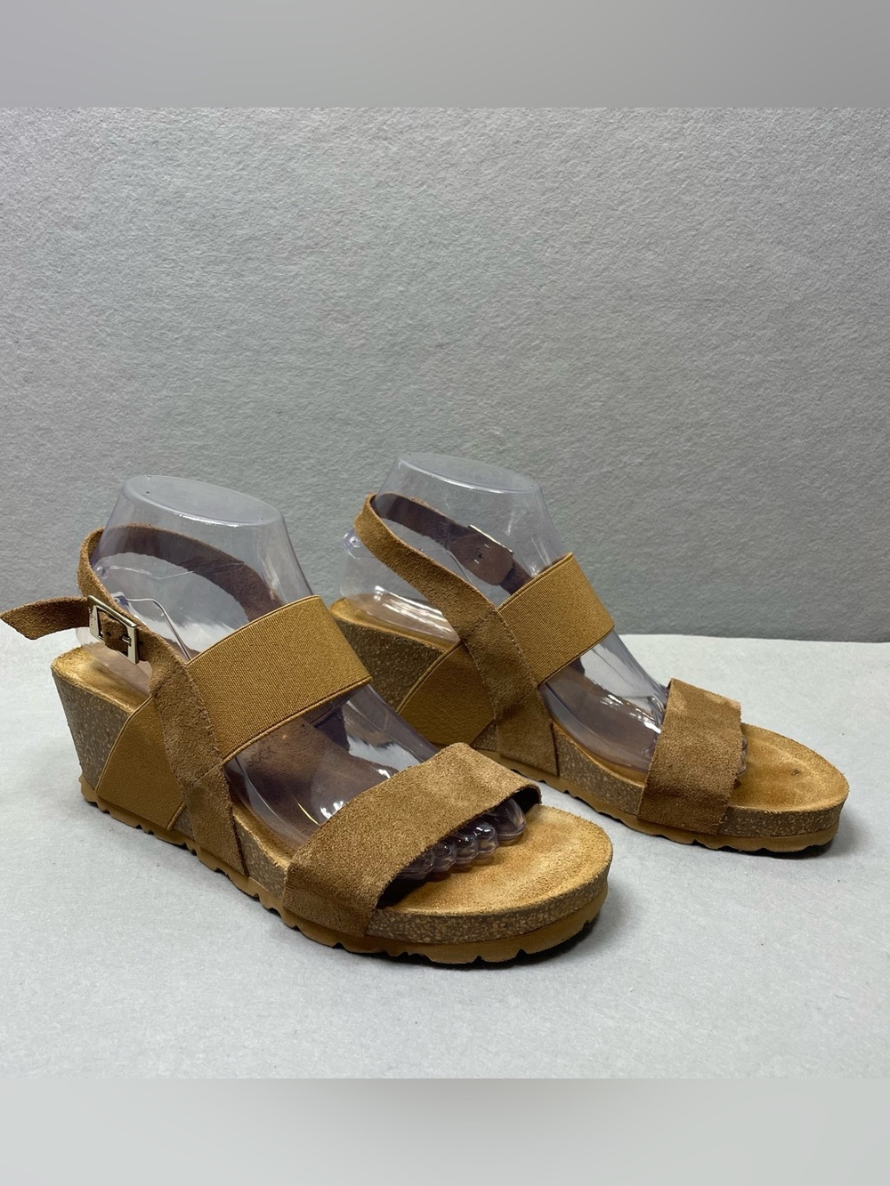 Yokono Tan Suede Elastic Cork Wedge Sandals Made in Spain Womens 8